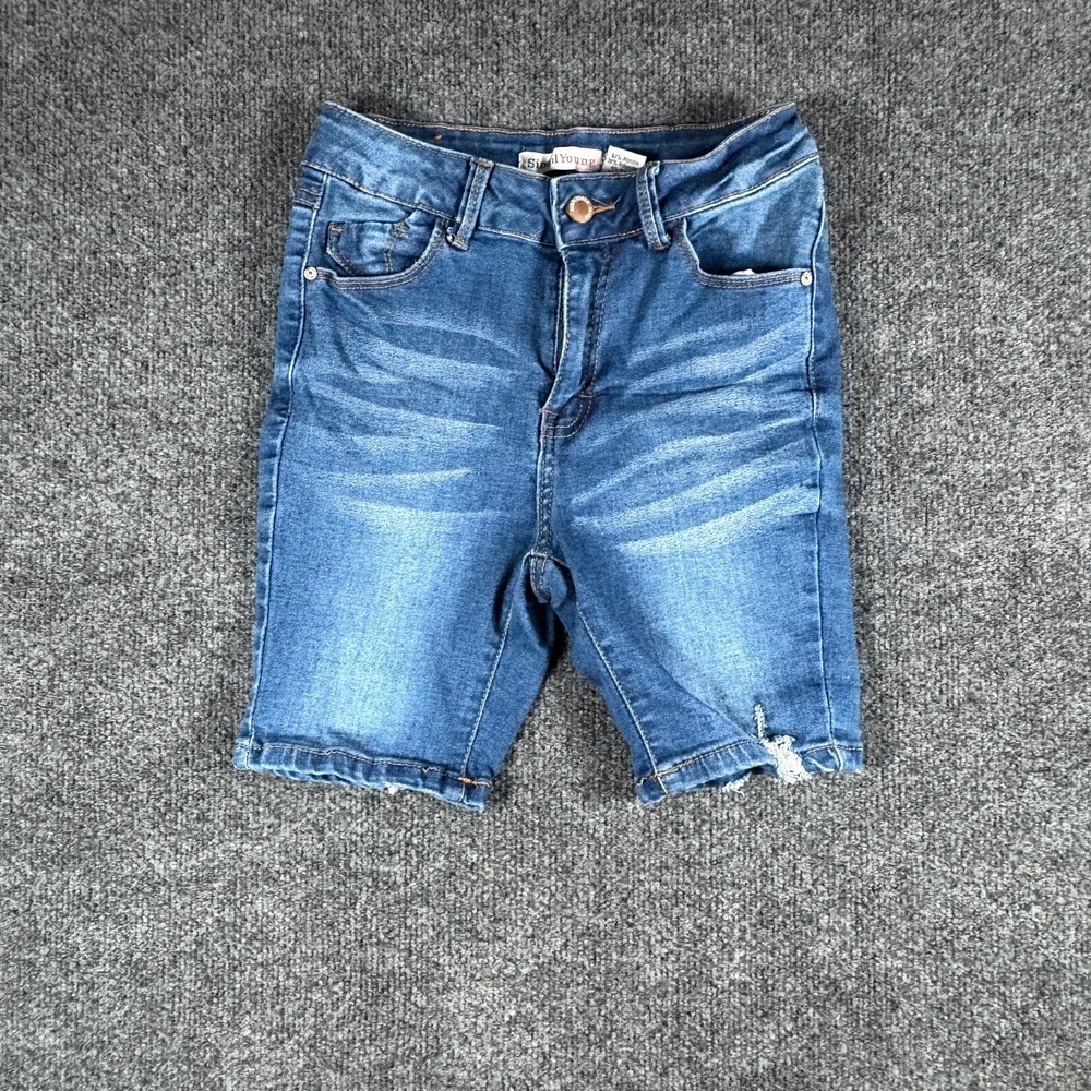 Simpl Young Shorts Womens 24‎ Blue Denim Distressed Cotton Stretch Whiskering